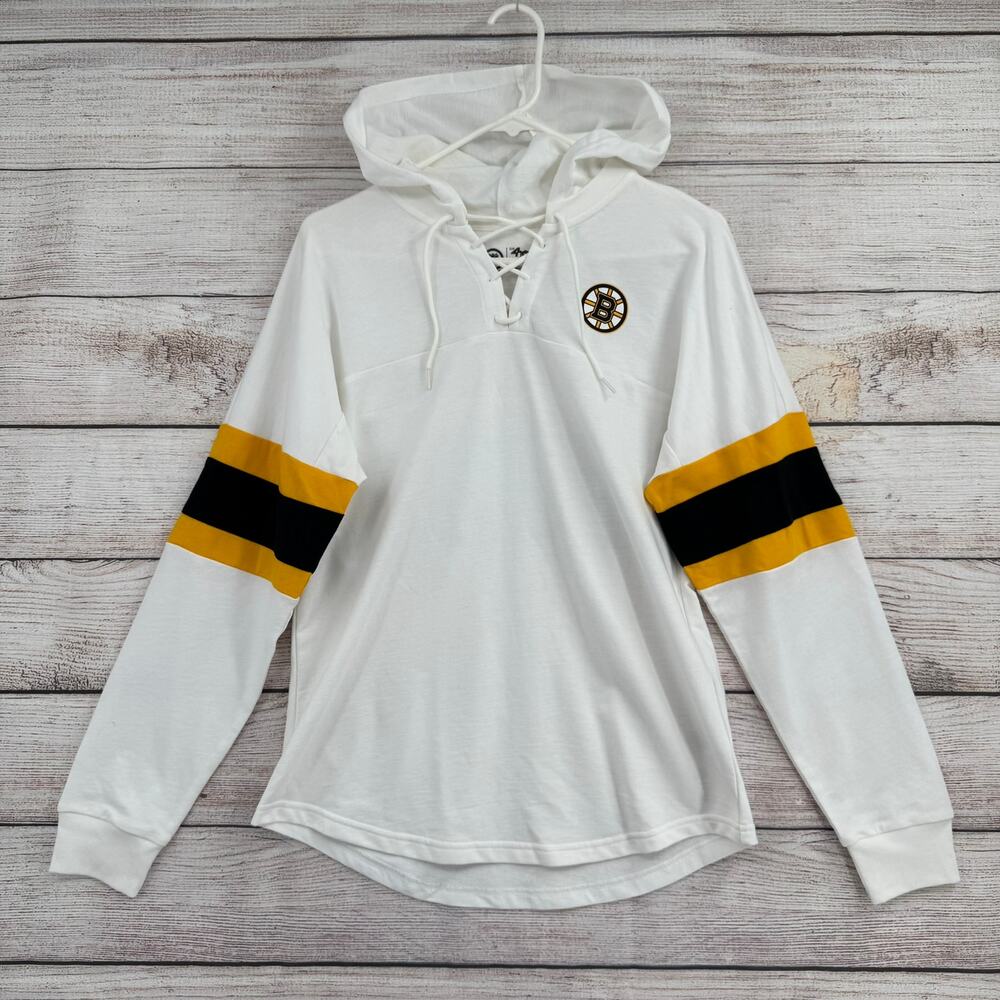 NHL GIII 4Her Boston Bruins Tie Front Hoodie Womens White Black‎ Yellow Striped